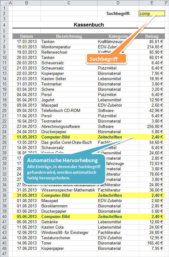 Exceltabelle Kassenbuch