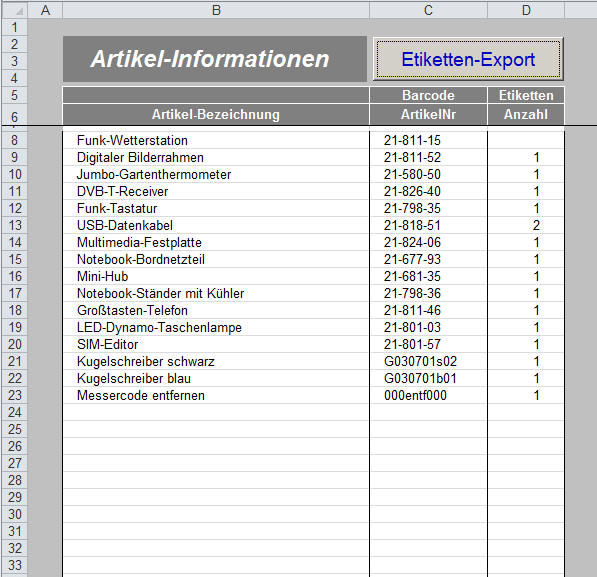 Screenshot der Exceltabelle
